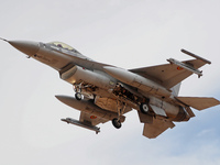 A General Dynamics F-16 Fighting Falcon of the Romanian Air Force participates in the Tactical Leadership Programme in Albacete, Spain, on S...