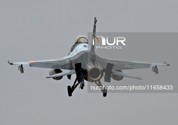 A General Dynamics F-16 Fighting Falcon of the Romanian Air Force participates in the Tactical Leadership Programme in Albacete, Spain, on S...