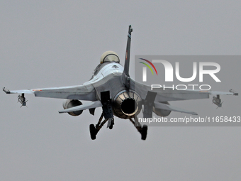 A General Dynamics F-16 Fighting Falcon of the Romanian Air Force participates in the Tactical Leadership Programme in Albacete, Spain, on S...