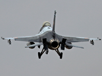 A General Dynamics F-16 Fighting Falcon of the Romanian Air Force participates in the Tactical Leadership Programme in Albacete, Spain, on S...