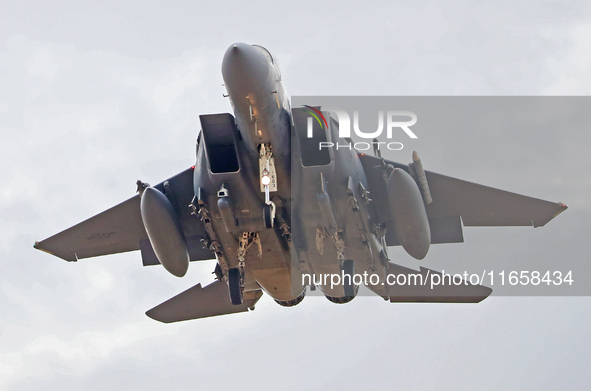 A McDonnell Douglas F-15 Eagle aircraft of the United States Air Force participates in the Tactical Leadership Programme in Albacete, Spain,...