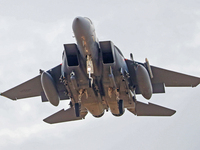 A McDonnell Douglas F-15 Eagle aircraft of the United States Air Force participates in the Tactical Leadership Programme in Albacete, Spain,...