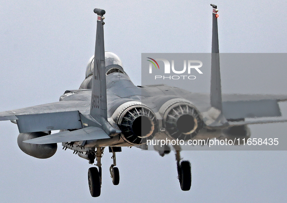 A McDonnell Douglas F-15 Eagle aircraft of the United States Air Force participates in the Tactical Leadership Programme in Albacete, Spain,...