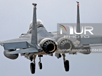 A McDonnell Douglas F-15 Eagle aircraft of the United States Air Force participates in the Tactical Leadership Programme in Albacete, Spain,...