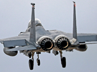 A McDonnell Douglas F-15 Eagle aircraft of the United States Air Force participates in the Tactical Leadership Programme in Albacete, Spain,...