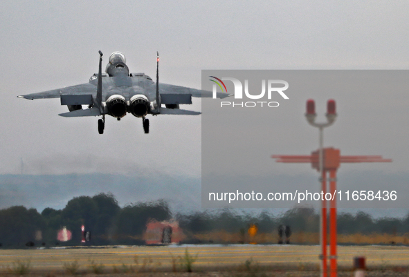 A McDonnell Douglas F-15 Eagle aircraft of the United States Air Force participates in the Tactical Leadership Programme in Albacete, Spain,...