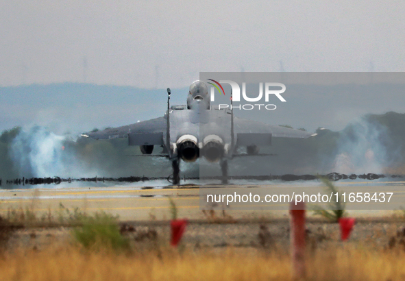 A McDonnell Douglas F-15 Eagle aircraft of the United States Air Force participates in the Tactical Leadership Programme in Albacete, Spain,...