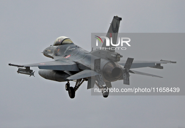 A General Dynamics F-16D Fighting Falcon aircraft of the Turkey Air Force participates in the Tactical Leadership Programme in Albacete, Spa...