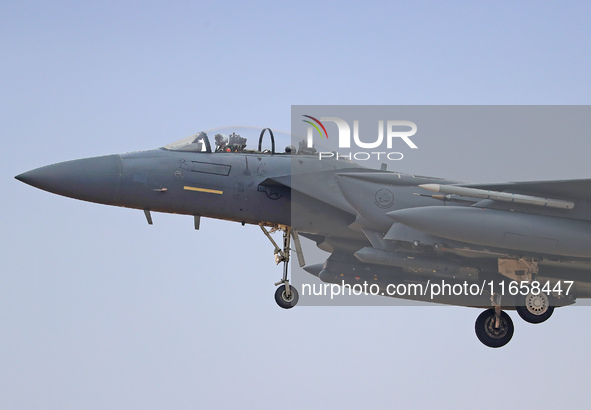 A McDonnell Douglas F-15 Eagle aircraft of the United States Air Force participates in the Tactical Leadership Programme in Albacete, Spain,...