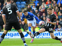 Armando Dobra of Chesterfield shoots at goal under pressure from Lewis Macari of Notts County during the Sky Bet League 2 match between Ches...