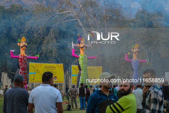 Effigies of the mythic demon king Ravana, his son Meghnath, and brother Kumbhkaran are pictured on the occasion of the Hindu festival of Dus...