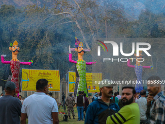 Effigies of the mythic demon king Ravana, his son Meghnath, and brother Kumbhkaran are pictured on the occasion of the Hindu festival of Dus...