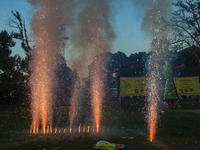 Firecrackers are burst on the occasion of the Hindu festival of Dussehra, which marks the triumph of good over evil, in Srinagar, Jammu and...