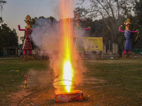 Firecrackers are burst on the occasion of the Hindu festival of Dussehra, which marks the triumph of good over evil, in Srinagar, Jammu and...