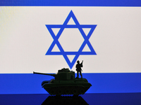 Illustration with figures of a soldier and a tank in front of an Israel flag displayed on a computer screen is seen in L'Aquila, Italy, on O...