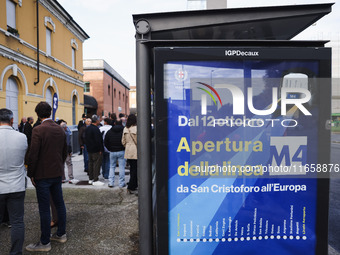 A moment occurs during the inauguration of the entire section of the Metropolitana M4 Blu Line from San Cristoforo to Linate in Milan, Italy...