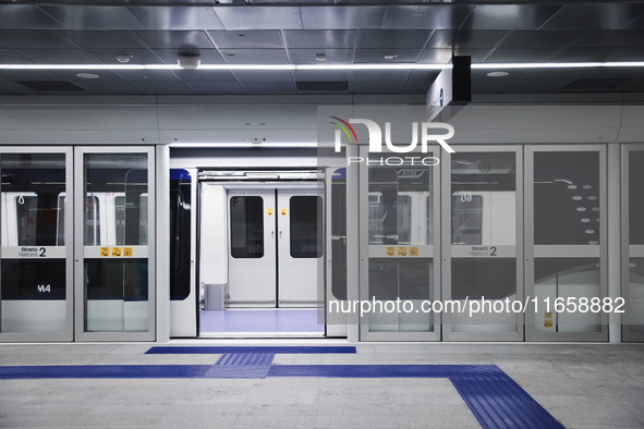 A moment occurs during the inauguration of the entire section of the Metropolitana M4 Blu Line from San Cristoforo to Linate in Milan, Italy...