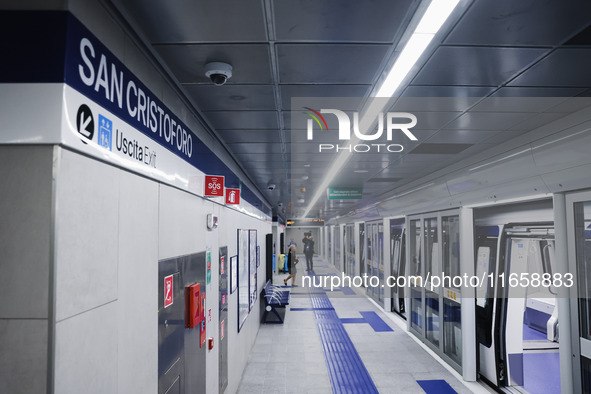 A moment occurs during the inauguration of the entire section of the Metropolitana M4 Blu Line from San Cristoforo to Linate in Milan, Italy...