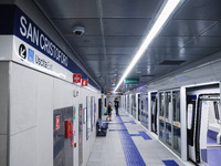 A moment occurs during the inauguration of the entire section of the Metropolitana M4 Blu Line from San Cristoforo to Linate in Milan, Italy...