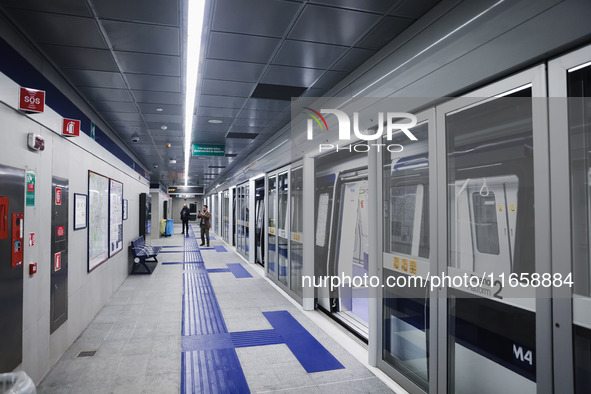 A moment occurs during the inauguration of the entire section of the Metropolitana M4 Blu Line from San Cristoforo to Linate in Milan, Italy...