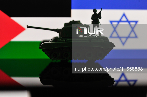 Illustration with figures of a soldier and a tank in front of a Palestine and Israel flags displayed on a computer screen is seen in L'Aquil...