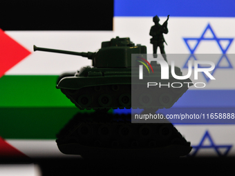 Illustration with figures of a soldier and a tank in front of a Palestine and Israel flags displayed on a computer screen is seen in L'Aquil...