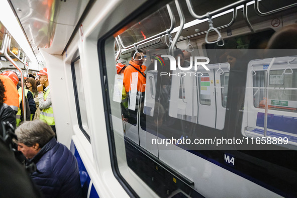 A moment occurs during the inauguration of the entire section of the Metropolitana M4 Blu Line from San Cristoforo to Linate in Milan, Italy...