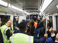 A moment occurs during the inauguration of the entire section of the Metropolitana M4 Blu Line from San Cristoforo to Linate in Milan, Italy...