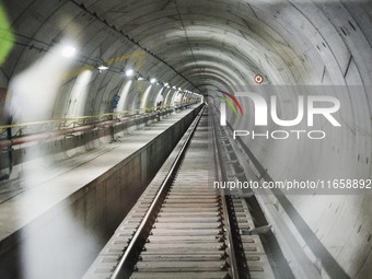 A moment occurs during the inauguration of the entire section of the Metropolitana M4 Blu Line from San Cristoforo to Linate in Milan, Italy...