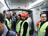 A moment occurs during the inauguration of the entire section of the Metropolitana M4 Blu Line from San Cristoforo to Linate in Milan, Italy...