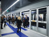 A moment occurs during the inauguration of the entire section of the Metropolitana M4 Blu Line from San Cristoforo to Linate in Milan, Italy...