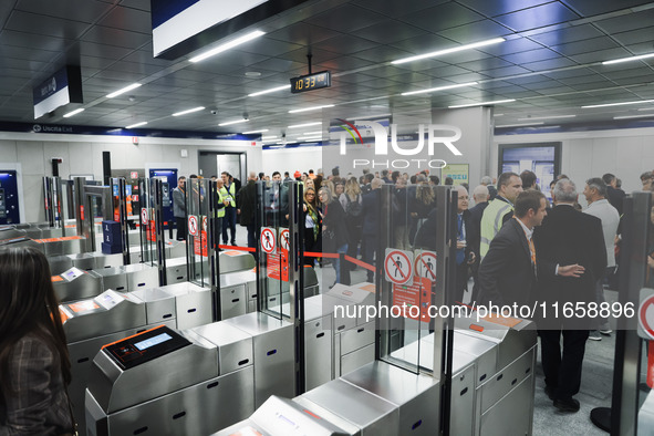 A moment occurs during the inauguration of the entire section of the Metropolitana M4 Blu Line from San Cristoforo to Linate in Milan, Italy...