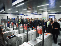 A moment occurs during the inauguration of the entire section of the Metropolitana M4 Blu Line from San Cristoforo to Linate in Milan, Italy...