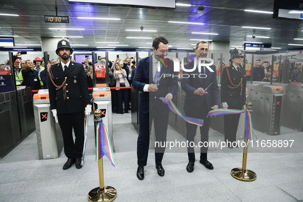 Matteo Salvini and Giuseppe Sala attend the inauguration during the opening of the entire section of the Metropolitana M4 Blu Line from San...