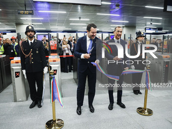 Matteo Salvini and Giuseppe Sala attend the inauguration during the opening of the entire section of the Metropolitana M4 Blu Line from San...