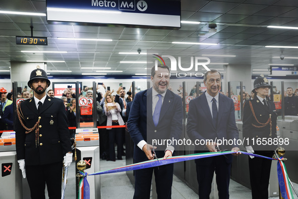 Matteo Salvini and Giuseppe Sala attend the inauguration during the opening of the entire section of the Metropolitana M4 Blu Line from San...