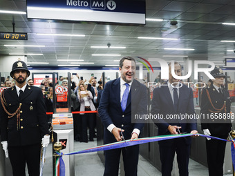 Matteo Salvini and Giuseppe Sala attend the inauguration during the opening of the entire section of the Metropolitana M4 Blu Line from San...