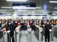 A moment occurs during the inauguration of the entire section of the Metropolitana M4 Blu Line from San Cristoforo to Linate in Milan, Italy...