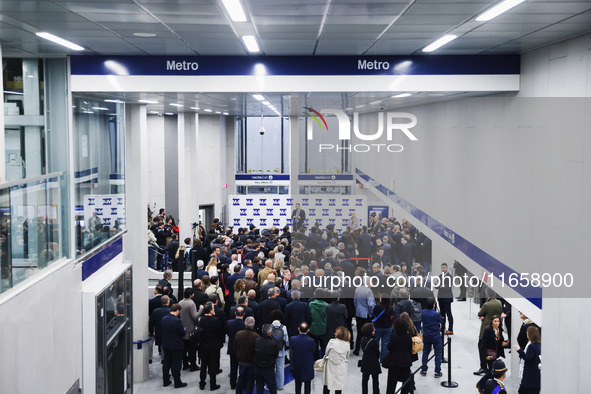 A moment occurs during the inauguration of the entire section of the Metropolitana M4 Blu Line from San Cristoforo to Linate in Milan, Italy...