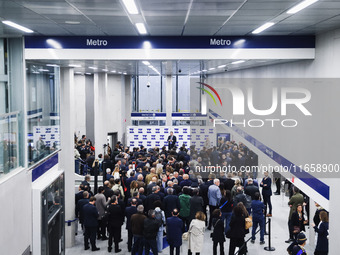 A moment occurs during the inauguration of the entire section of the Metropolitana M4 Blu Line from San Cristoforo to Linate in Milan, Italy...