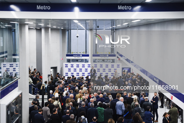 A moment occurs during the inauguration of the entire section of the Metropolitana M4 Blu Line from San Cristoforo to Linate in Milan, Italy...