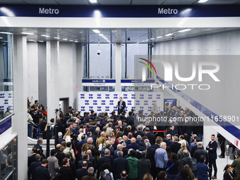 A moment occurs during the inauguration of the entire section of the Metropolitana M4 Blu Line from San Cristoforo to Linate in Milan, Italy...