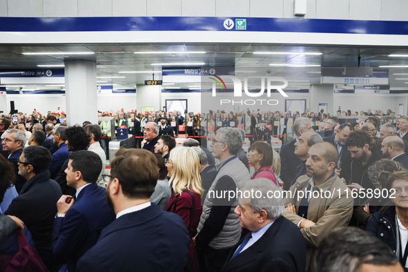 A moment occurs during the inauguration of the entire section of the Metropolitana M4 Blu Line from San Cristoforo to Linate in Milan, Italy...