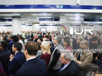 A moment occurs during the inauguration of the entire section of the Metropolitana M4 Blu Line from San Cristoforo to Linate in Milan, Italy...