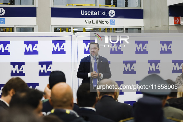 Matteo Salvini attends the inauguration during the opening of the entire section of the Metropolitana M4 Blu Line from San Cristoforo to Lin...