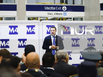 Matteo Salvini attends the inauguration during the opening of the entire section of the Metropolitana M4 Blu Line from San Cristoforo to Lin...