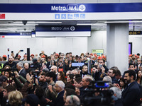 A moment occurs during the inauguration of the entire section of the Metropolitana M4 Blu Line from San Cristoforo to Linate in Milan, Italy...