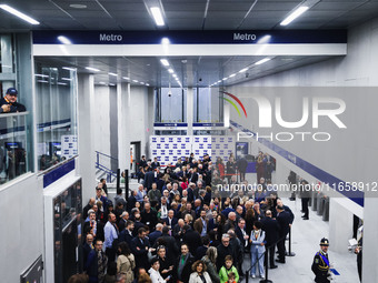 A moment occurs during the inauguration of the entire section of the Metropolitana M4 Blu Line from San Cristoforo to Linate in Milan, Italy...