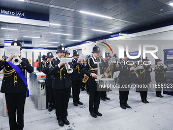 A moment occurs during the inauguration of the entire section of the Metropolitana M4 Blu Line from San Cristoforo to Linate in Milan, Italy...