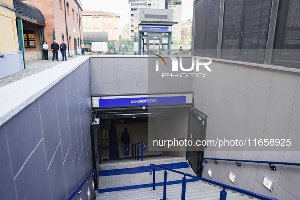 A moment occurs during the inauguration of the entire section of the Metropolitana M4 Blu Line from San Cristoforo to Linate in Milan, Italy...